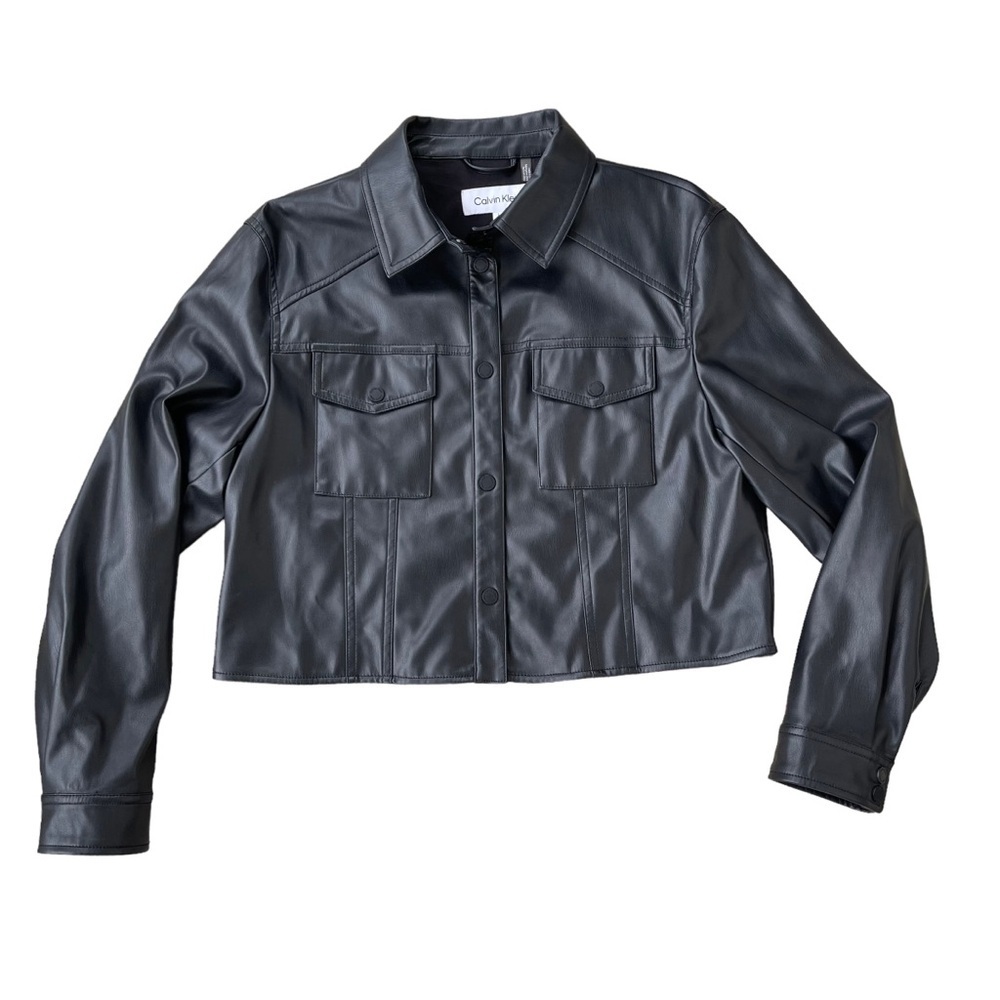 Calvin Klein Women’s Black Cropped Faux Leather Button Up Jacket